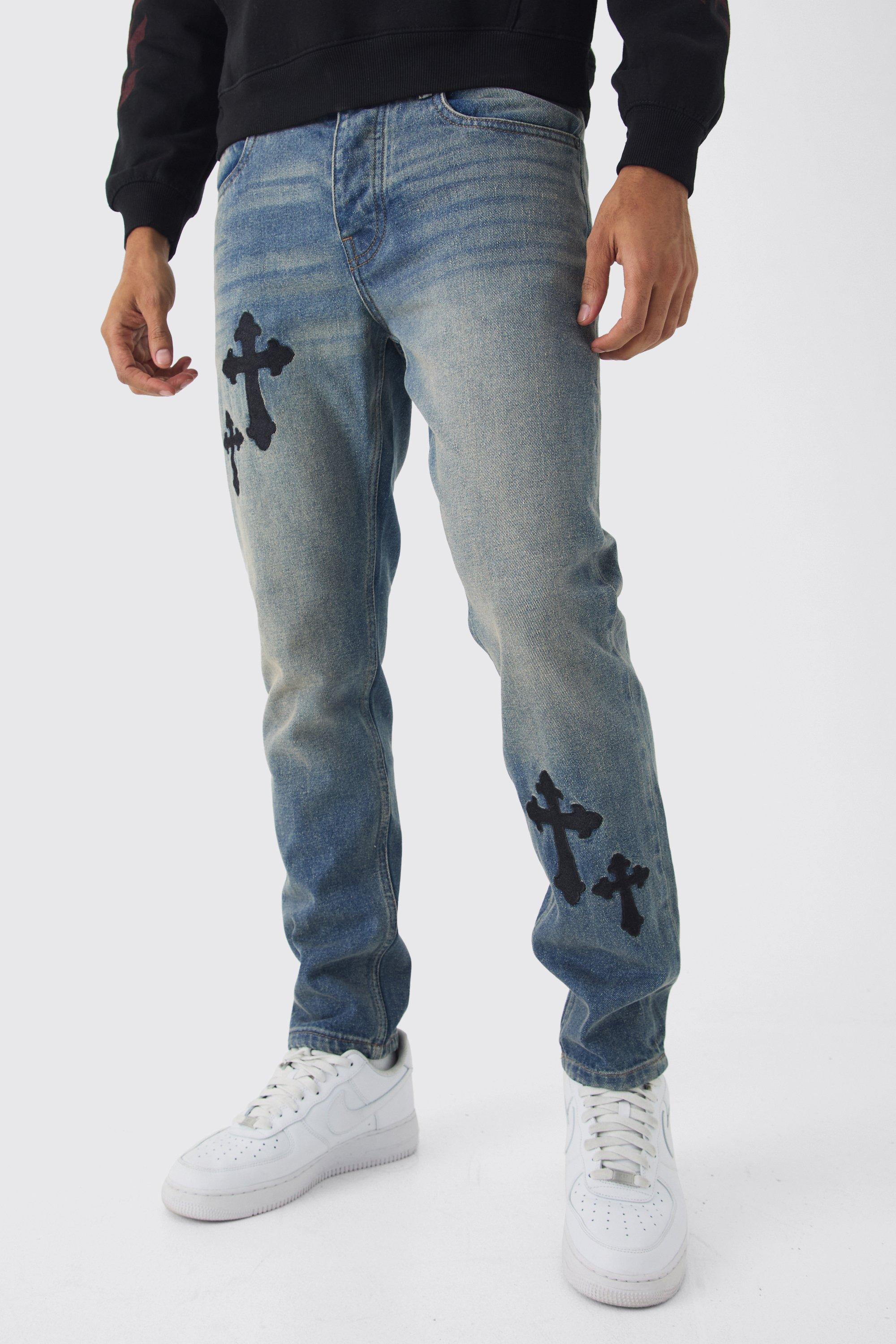 Mens Blue Slim Rigid Cross Embroidered Jeans, Blue